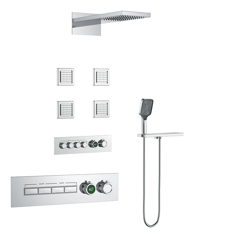 Multi Function Bath Concealed Shower System Massage Jet Bathroom In-wall Rainfall Shower Set With 5 Ways Thermostatic Mixer Kit