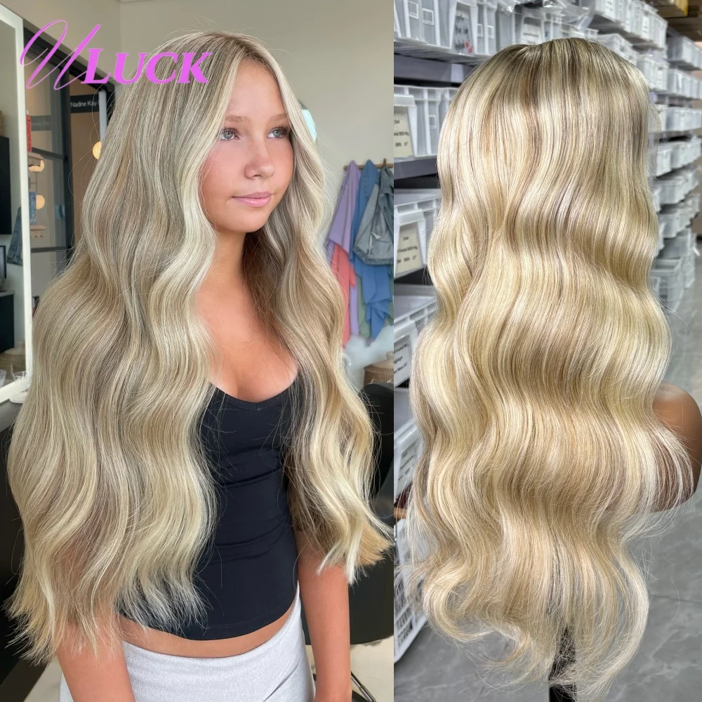 

Uluck Ash Honey Blonde Body Wave 13x6 Lace Front Wigs 180% Density Brazilian Human Hair Wigs Pre Plucked Ombre Colored For Women