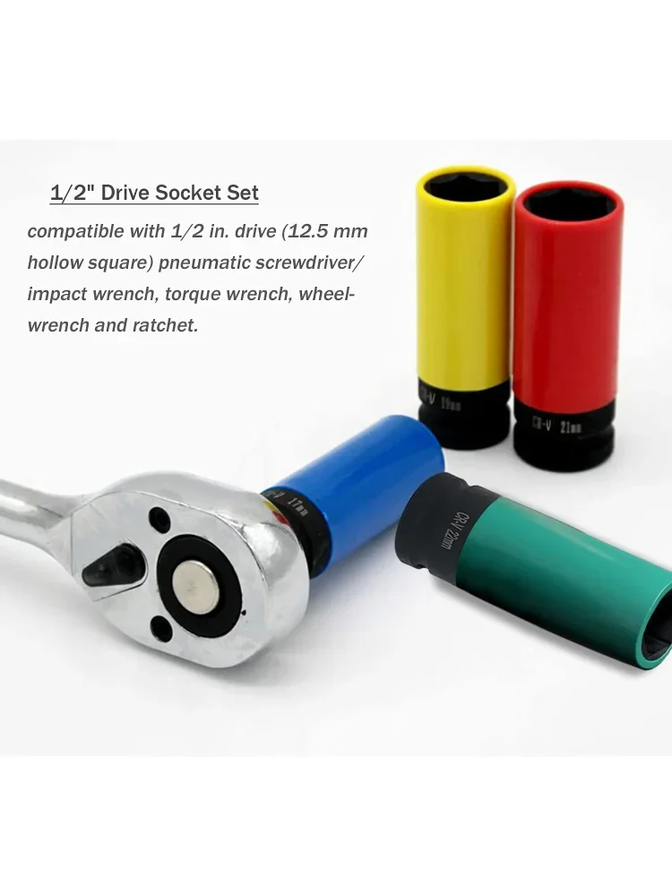 1/2 Inch Drive Wheel Protector Impact Socket Thin Wall Deep Impact Socket Set Plastic Sleeve Lug Nut 17mm, 19mm, 21mm, 22mm