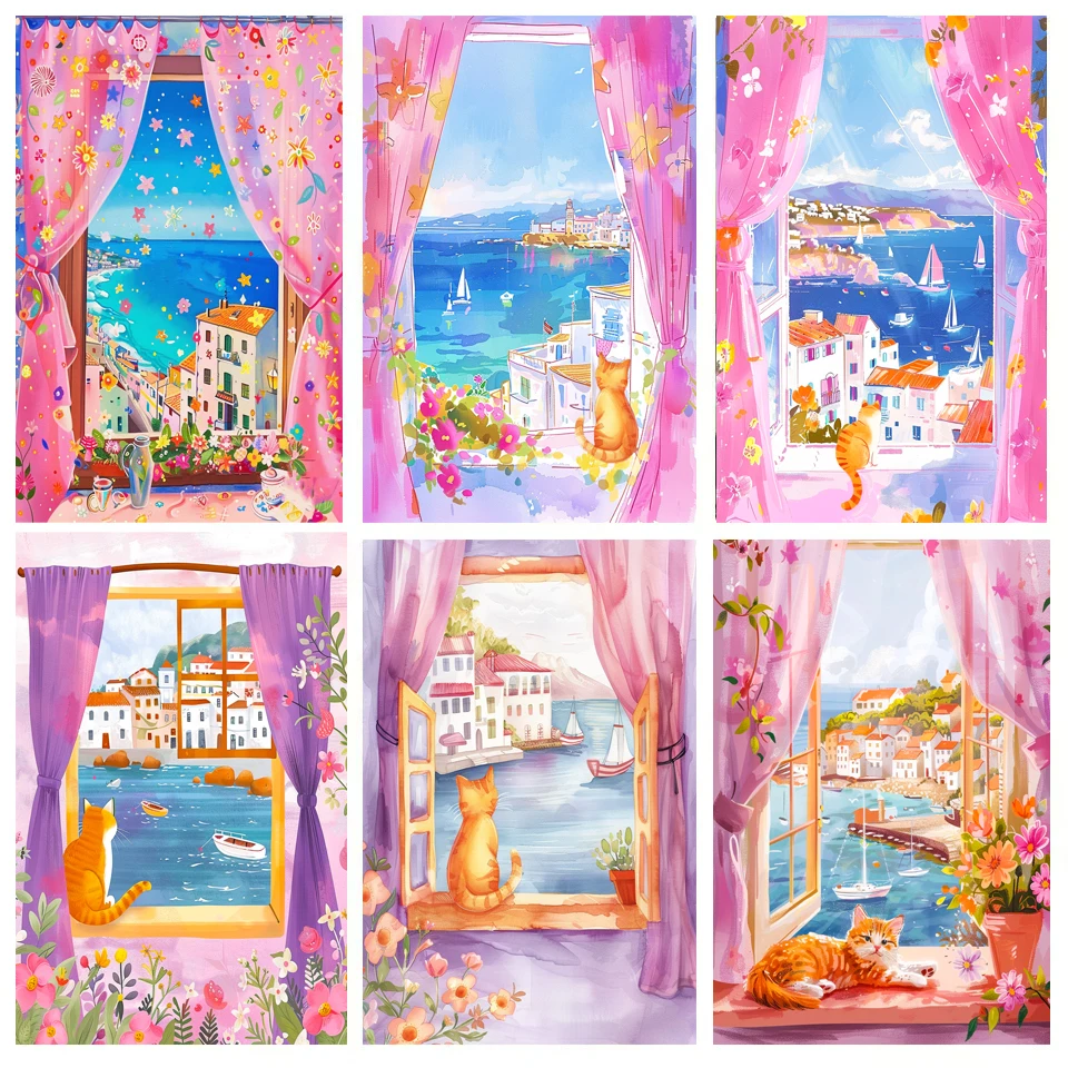 Hand Painting Flower Pink Window Sill Landscape Painting By Numbers Kit DIY Artwork Canva Art GiftHome Decoration Gift