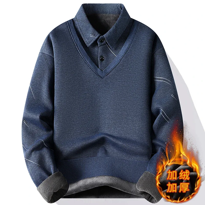 Mannen Fleece Voering Trui 2024 Winter Nieuwe Dikke Warme Top Polo Kraag Nep Tweedelige Casual Truien Trui Mannen kleding