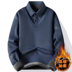 Men Fleece Lining Sweater 2024 Winter New Thick Warm Top Polo Shirt Collar Fake Two Piece Casual Knitwear Pullover Men Clothing