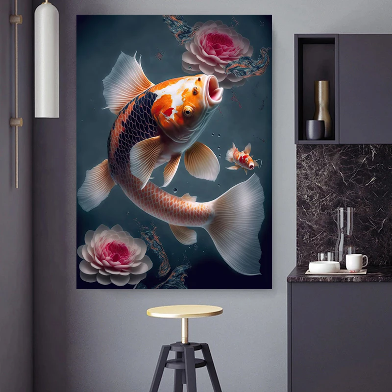 Japanese Golden Two Koi Fish Painting Lucky Carp Poster Home Decor Print Lotus Pond Picture Modern Room Interior Wall Cuadros