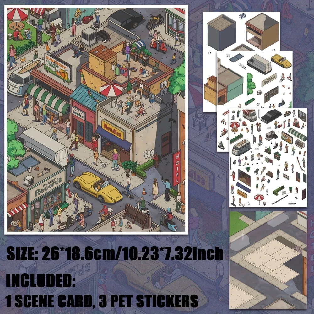 Cartoon Miniature Scene 3D Landscaping Stickers vintage cityscape Urban streetscape and beach party stickers Gift for Kid Child view 3