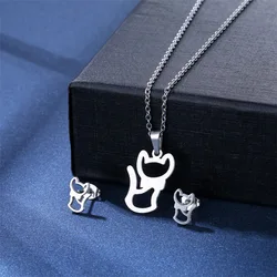 Stainless Steel Necklace earrings set Women Man Cat Pendant Silver Color Pendant Necklace Engagement Jewelry Gifts