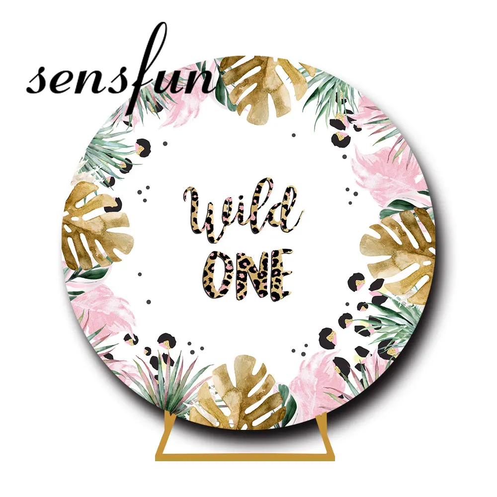 Wild One Round Backdrop Tropical Pink Gold Green Leaves Circle Background Boys Safari Jungle Birthday Party Table Decoration