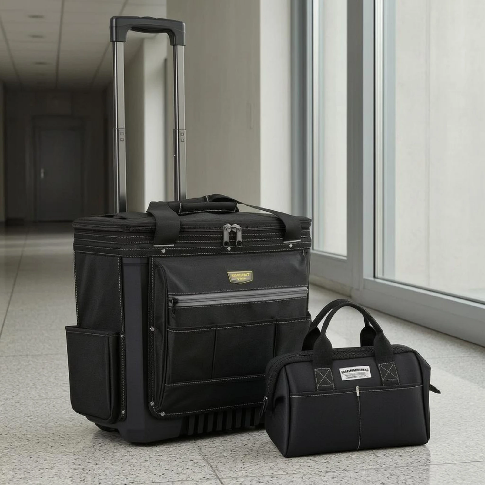 Rolling Tool Bag Zippered Top Contractor Rolling Tote Work Gear Front Pocket Storage Rectangular Shape