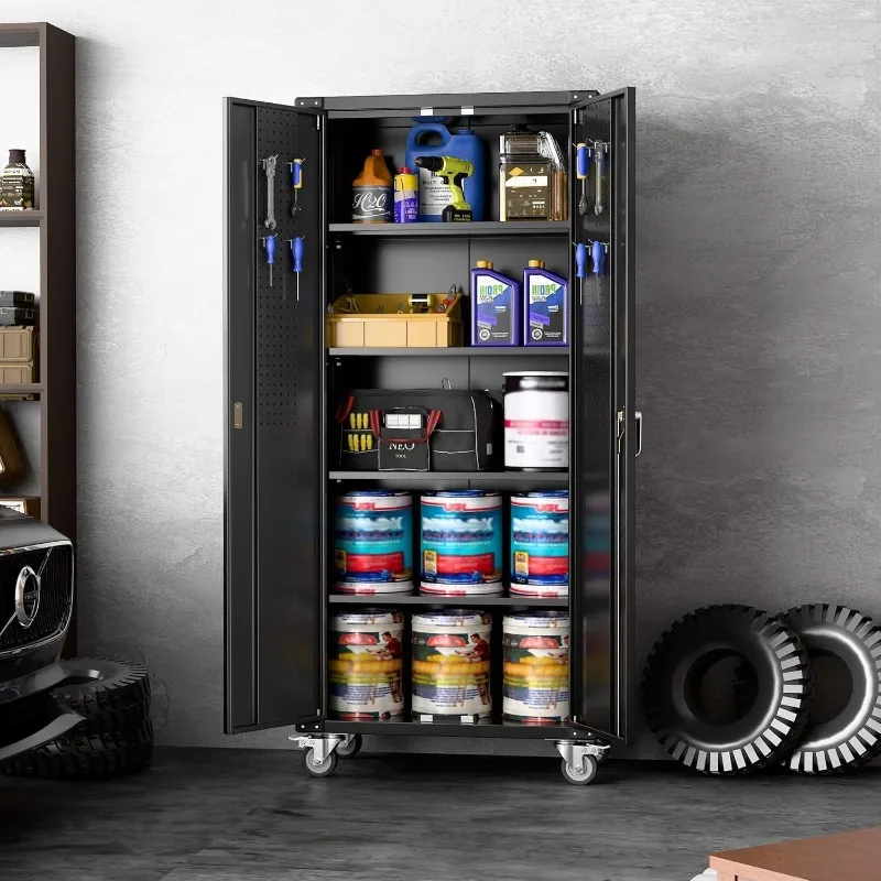 Metal Storage Cabinet with Wheels and Pegboard, 72