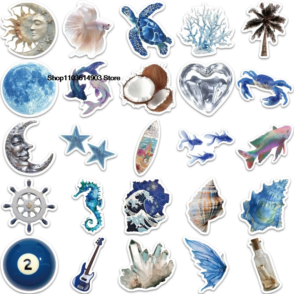 50PCS Blue Sea Creature Cartoon Graffiti Child wall stickers pack aesthetic pegatinas wall stickers decoration Room ornaments