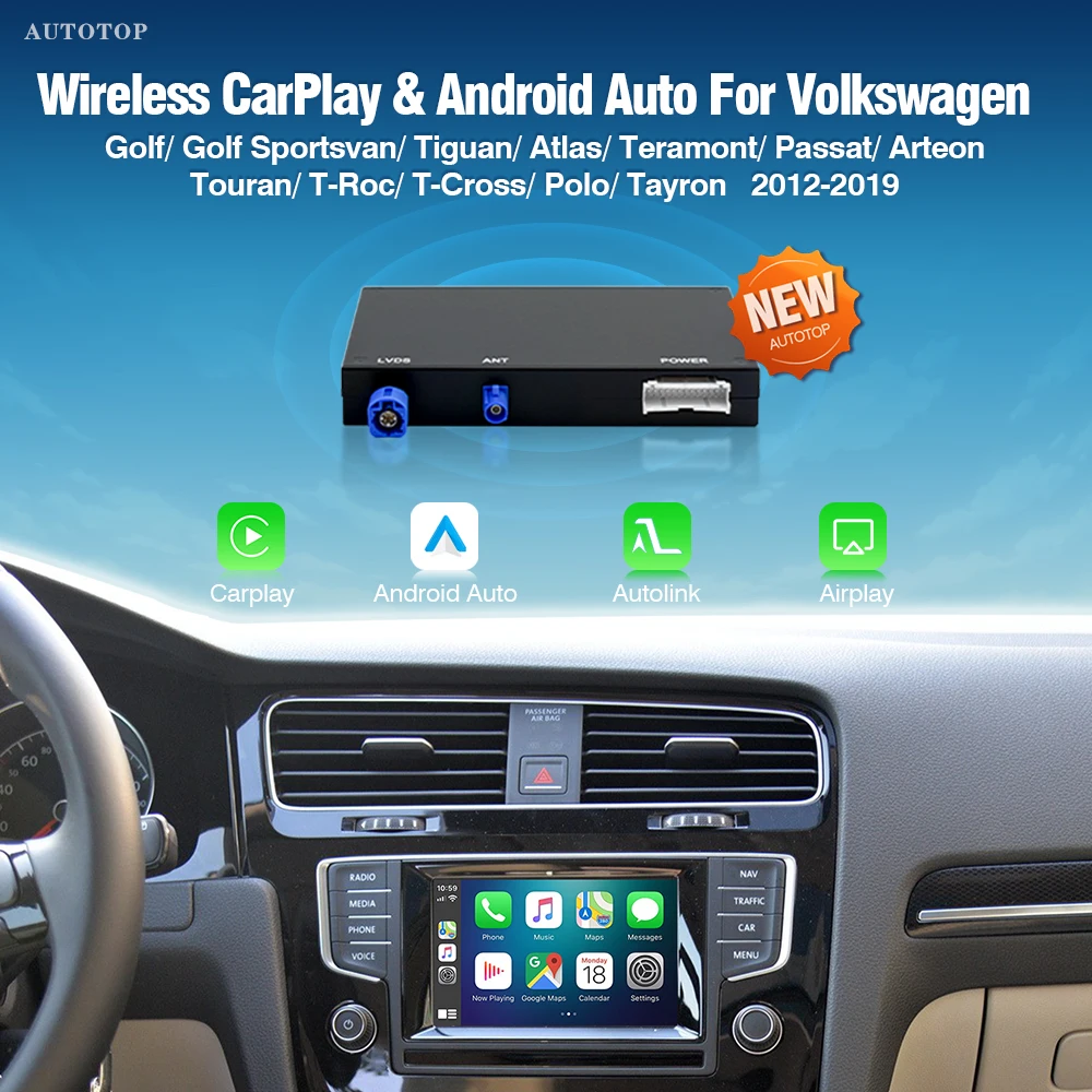 Boîtier AI Cai pour Carplay sans fil et Android Auto pour Skoda Octavia Polo Golf7 Passat B8 Scirocco T-Cross Tiguan Touran mib mib2