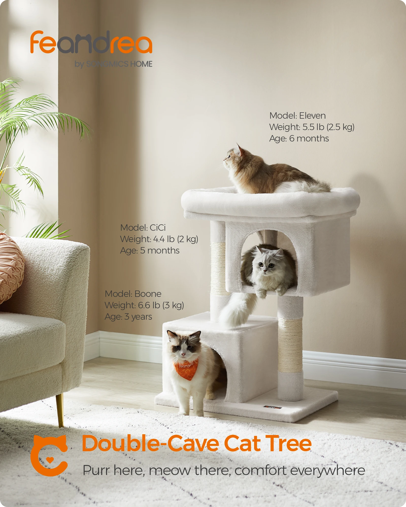 Feandrea Cat Tree, 84 cm Cat Tower,Cat Condo for Large Cats up to 7 kg,2 Cat Caves, Scratching Post