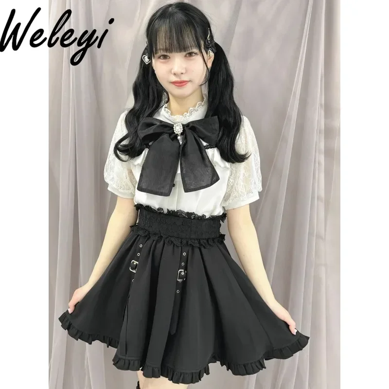 

White Lace Big Bow Stitching Lolita Shirt Womens 2024 Summer Sweet College Style Short Sleeve Lotus Leaf Stand Collar Rojita Top