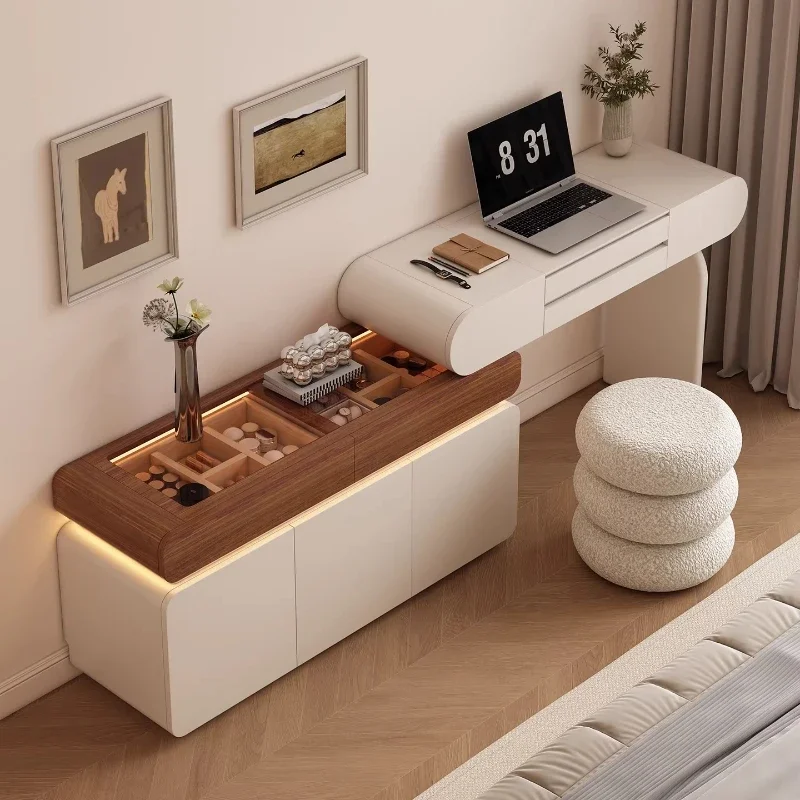 Modern Minimalism Penteadeira Bedroom Furniture Baking Paint Cream Style Illuminated Makeup Dressing Table With Storage Cabinet