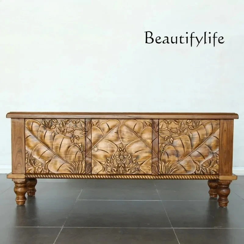 

1 South East Asia Style Furniture Carved Locker Floor Cabinet Heightened Bedroom Thai Old Elm TV Cabinet