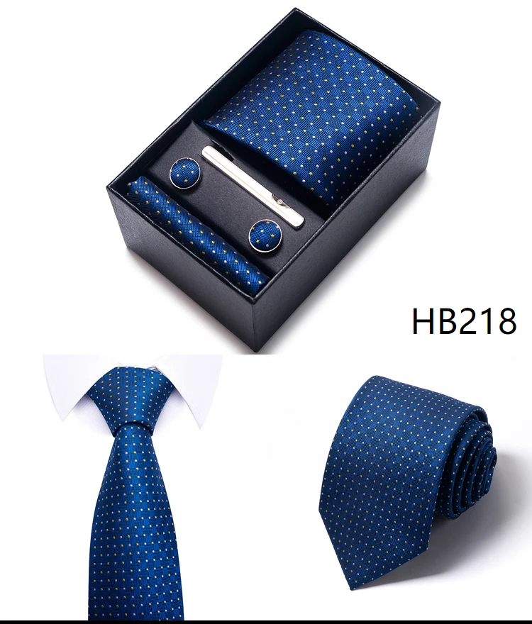 Krawatte Taschentuch Manschettenknopf Set für Männer Krawatte Urlaub Geschenkbox Blau Gold Anzug Zubehör Schlanke Hochzeit Gravatas – Detail 24