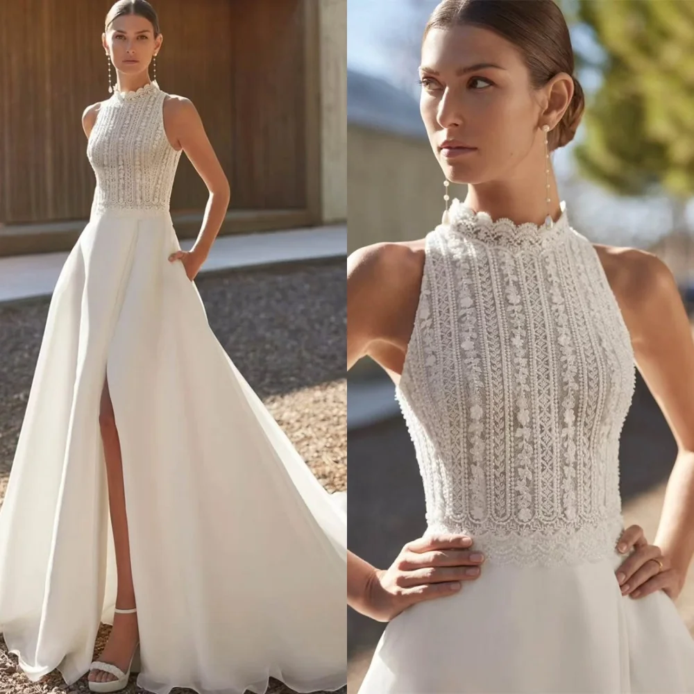 

Customized Elegant White Chiffon Evening Dress Exquisite High Neckline Sleeveless Buttons Back Side Slit Homecoming Dress