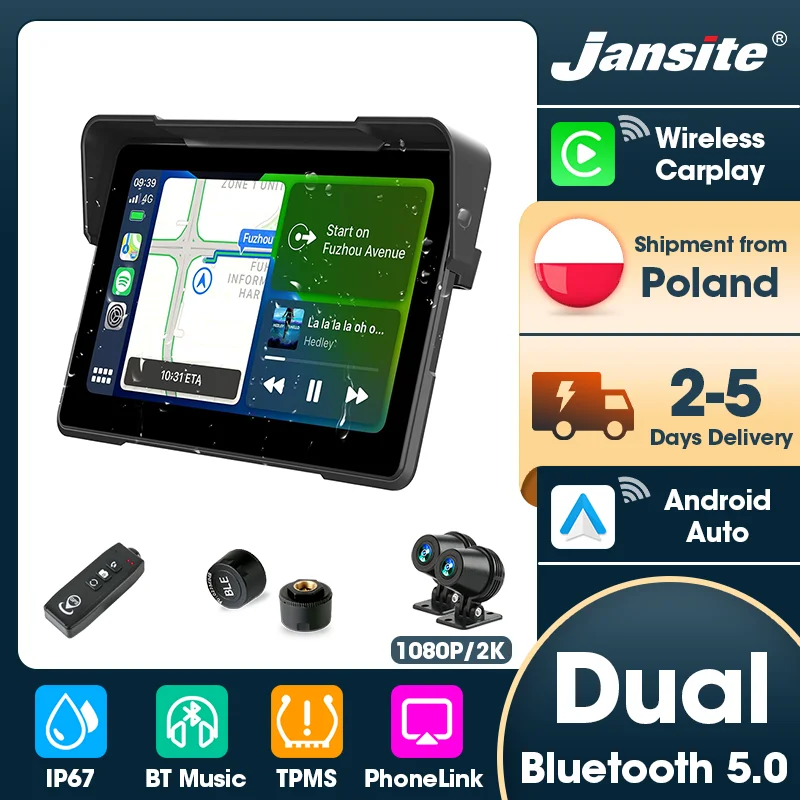 Jansite 5/7 Zoll Motorrad-Carplay-Digital-Motorrad-Armaturenbrett, 1080P/2K Moto DVR, GPS-Navigationsbildschirm, unterstützt Bluetooth, elektronische Geräte