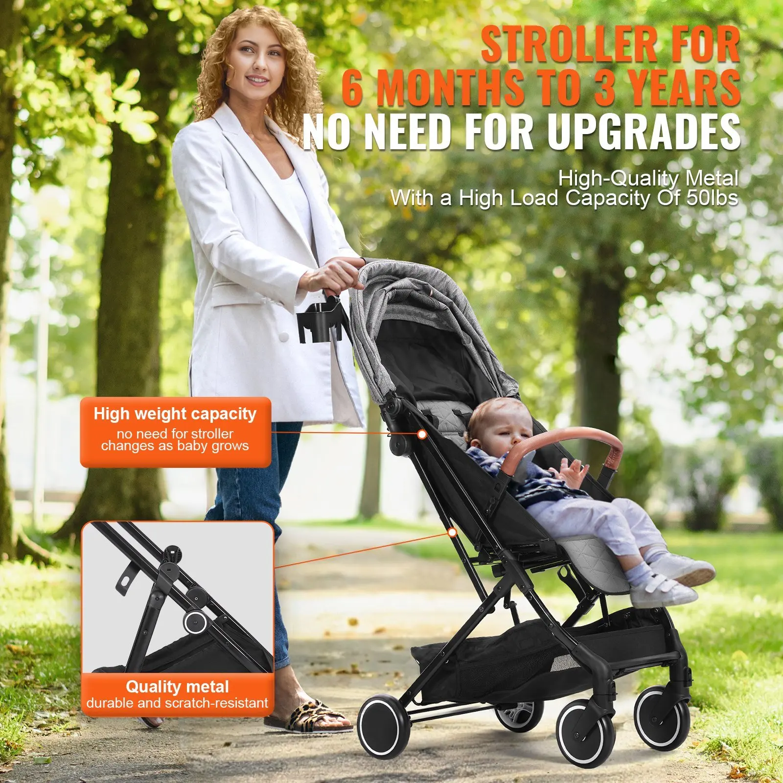 With 95°-150° Adjustable Backrest Standard Baby Infant Stroller One-click Folding 0/90°Adjustable Footrest Grey Newborn Stroller