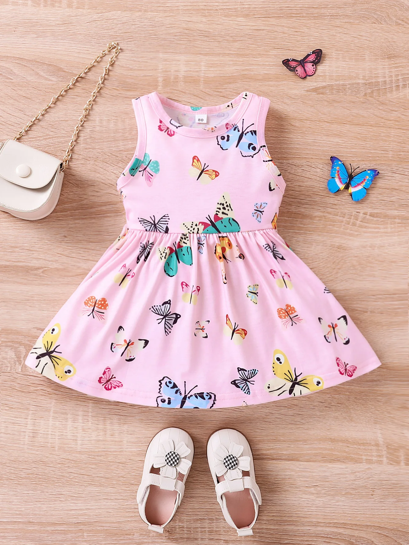 Summer colored butterfly printed sleeveless cute dress for infants and young girls