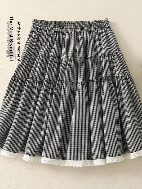 

Японская юбка в стиле ретро с кружевной строчкой и высокой талией, утягивающая юбка трапециевидной формы для женщин, лето 2025