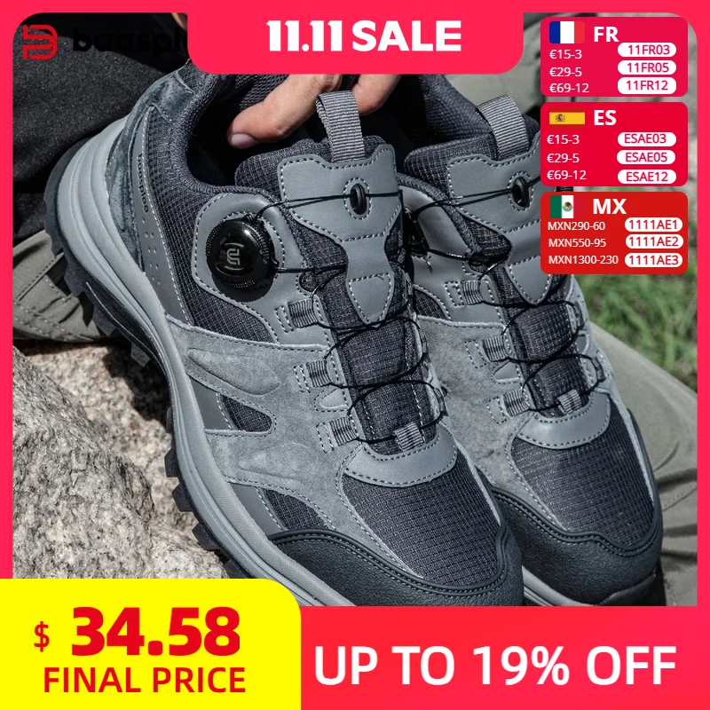 Baasploa Men Hiking Shoes New Rotating Button Trail Male Outdoor Shoes Leather Anti Splash Water Soft Walking Sneakers Non-Slip