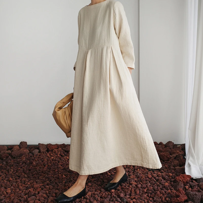 Johnature New Korean Women Clothing Dresses 2025 Autumn O-neck Casual Pockets A-line Loose Solid Color Female Dress