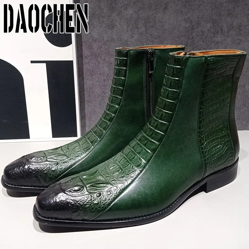 Luxury Men Ankle Boots Shoes Black Green Crocodile Print Zipper Casual Men Dress Shoes Genuine Leather Chelsea Boots Men