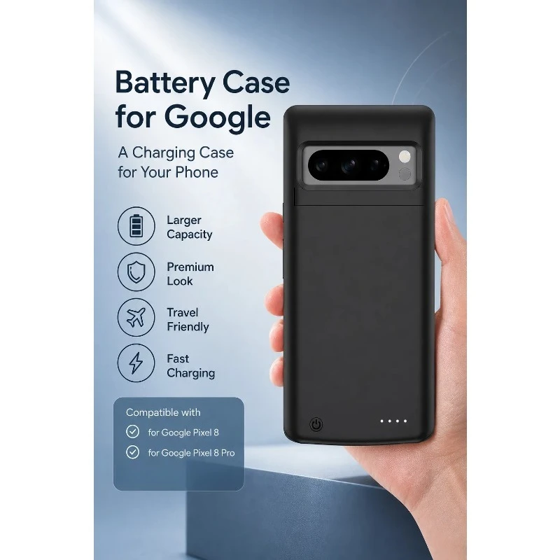Portable External Battery Case for Google Pixel 8 8 Pro 7 6 with Fast Charging Power Bank Protection Cover for Travel and