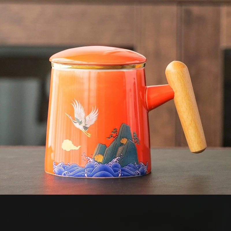 Creative Ceramic Cover with Handle, Tea Water Separating Mug, Home Furnishings, Office Cartoon, Tiger, Wild Crane Cup, 1Pc