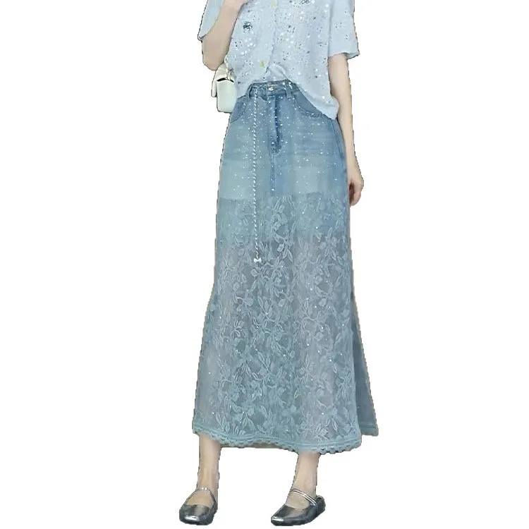 

Retro denim lace denim midi skirt for women in the summer of 2025, a popular high waisted rhinestone A-line side slit skirt