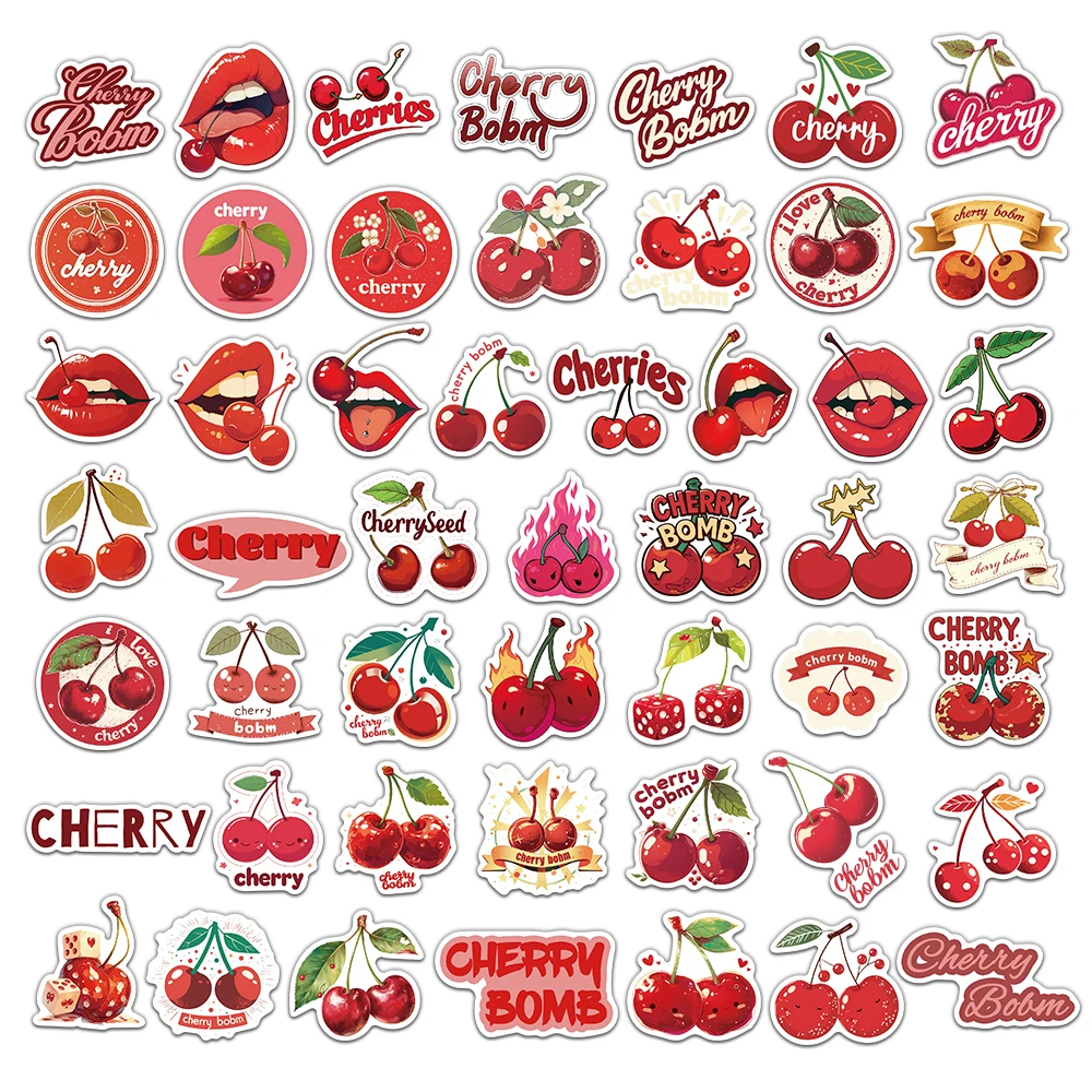 50PCS Fruit Cherry Sticker Red Cute Handheld Material Phone Case Laptop Luggage Waterproof Sticker
