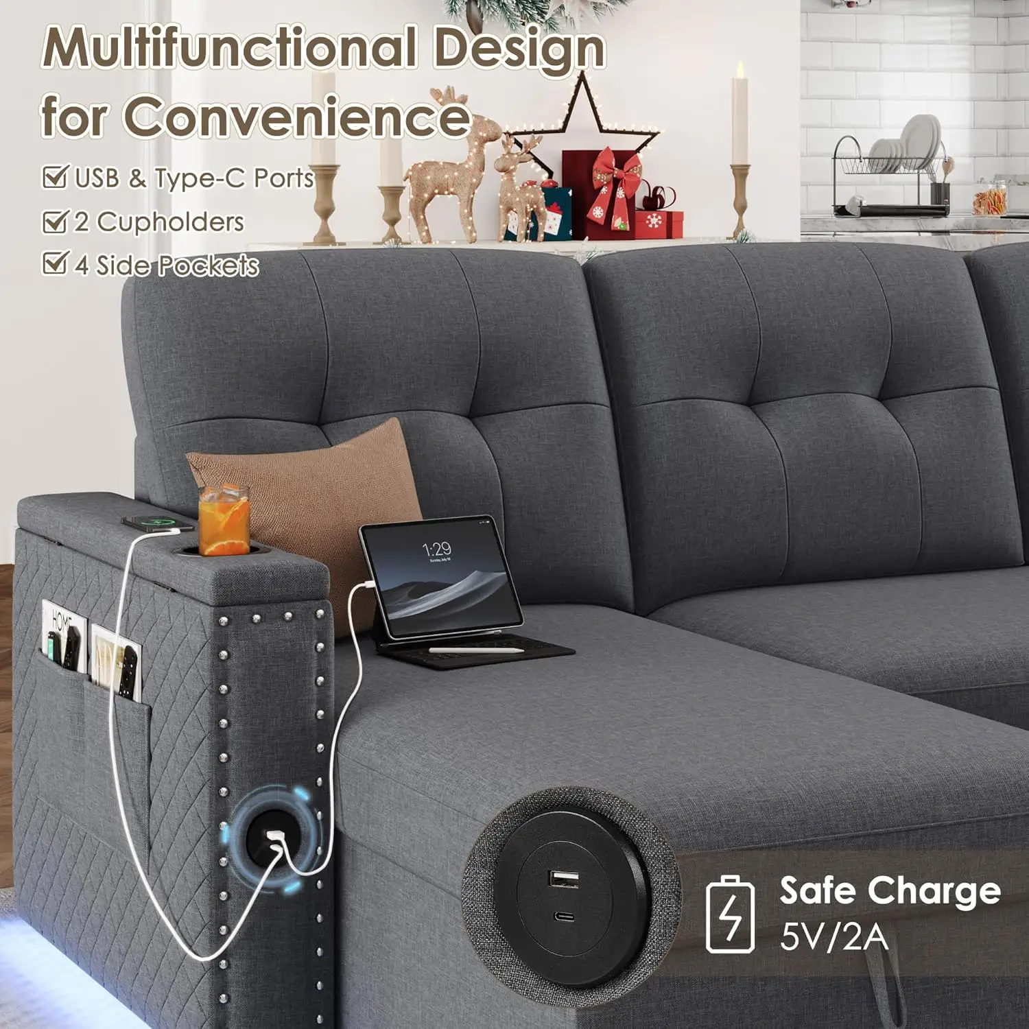 112" Sectional Pull Out Couches for Living Room with LED Lights & USB Port- Sleeper Sofa Couch w/Storage Chaise & Storage