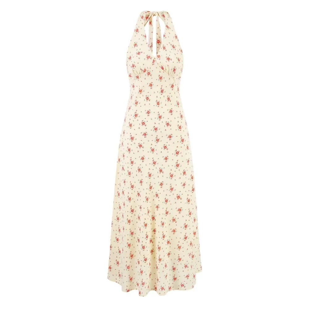 

Sexy Light Yellow Floral Print Tie Bow Halter Sling Dress Summer Woman Backless Slim Waist Midi Long Dresses Robe Holiday