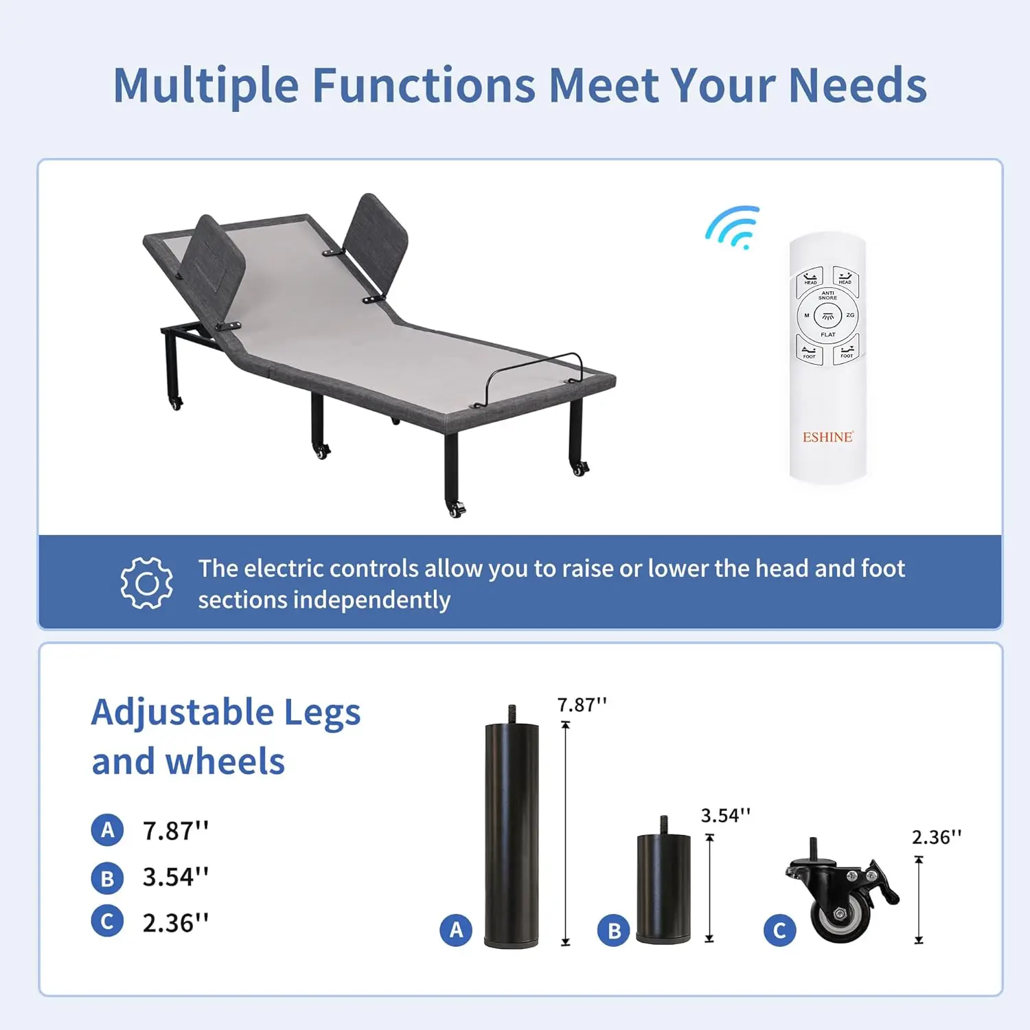 Estructura de cama ajustable con control remoto inalámbrico, inclinación de cabeza y pie, pata ajustable con rueda, riel de cama, base de cama de enfermería