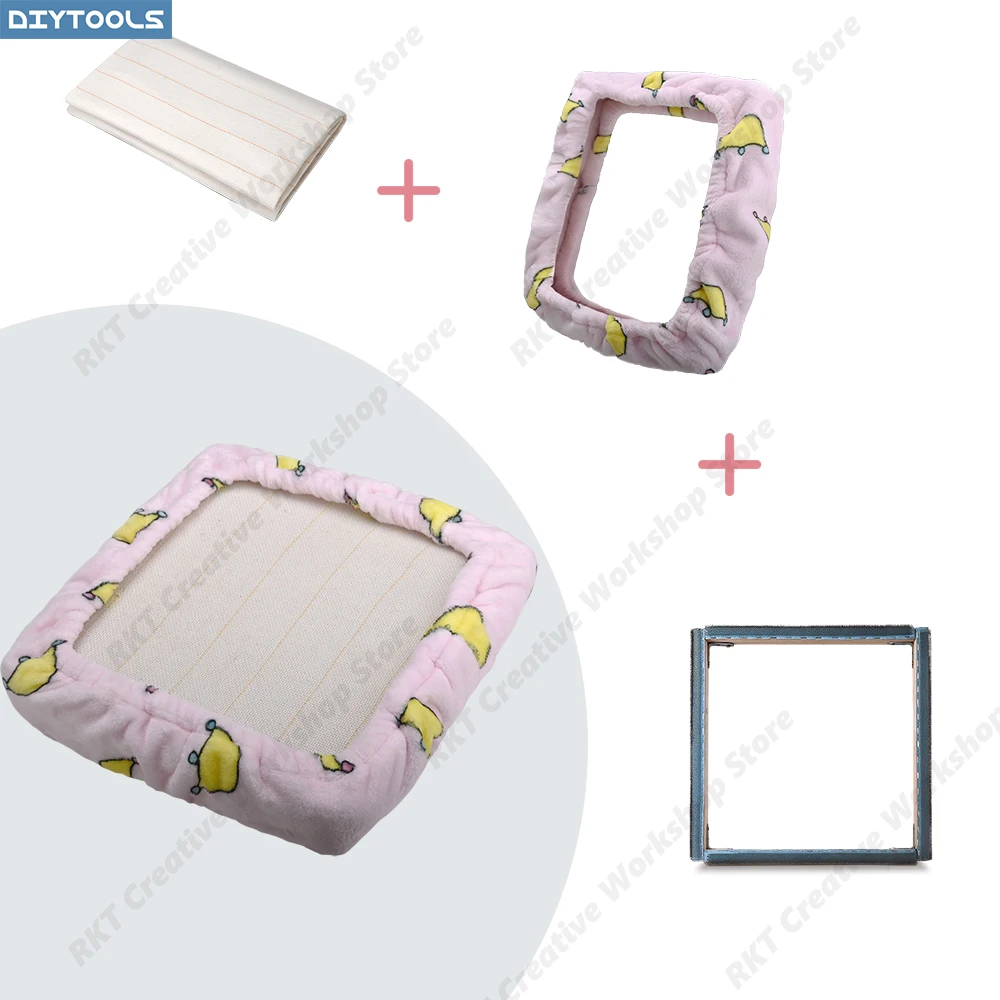 Embroidery Frame Set Plush Soft Punch Flannel Cover Needle Hoop Wooden Puncture-Proof Tufting with Protective Set Non-Slip Wood