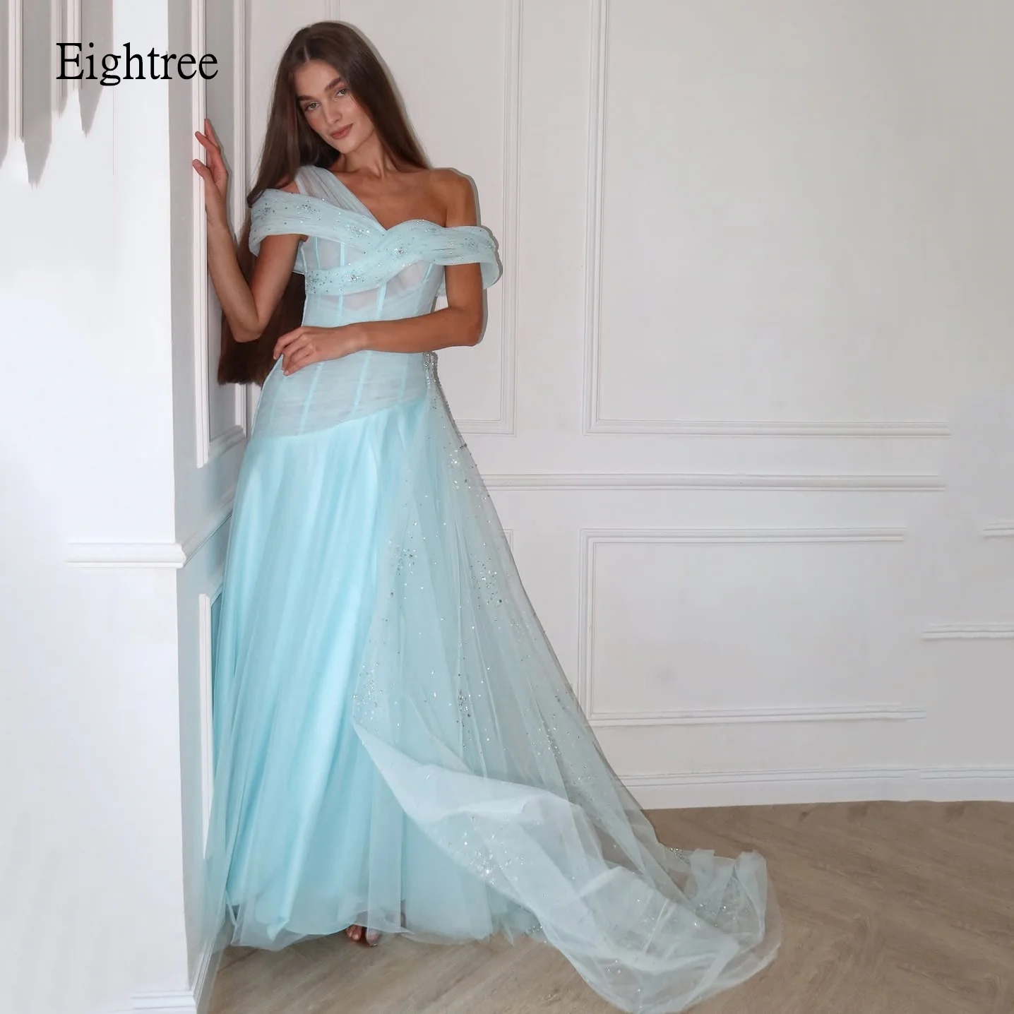 Eightree おとぎ話アクアブルー A ラインウエディングドレスオフショルダービーズパーティードレスフロアレングスガールドレスガウンカスタマイズ