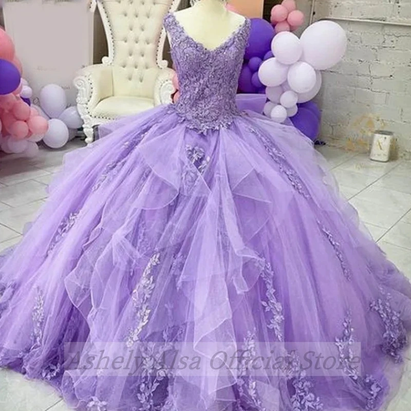 Vestido De corsé con apliques De encaje, imagen Real, lavanda dulce, 16 vestidos para graduación, fiesta De cumpleaños, cuello en V, 15, 14 años, quinceañera