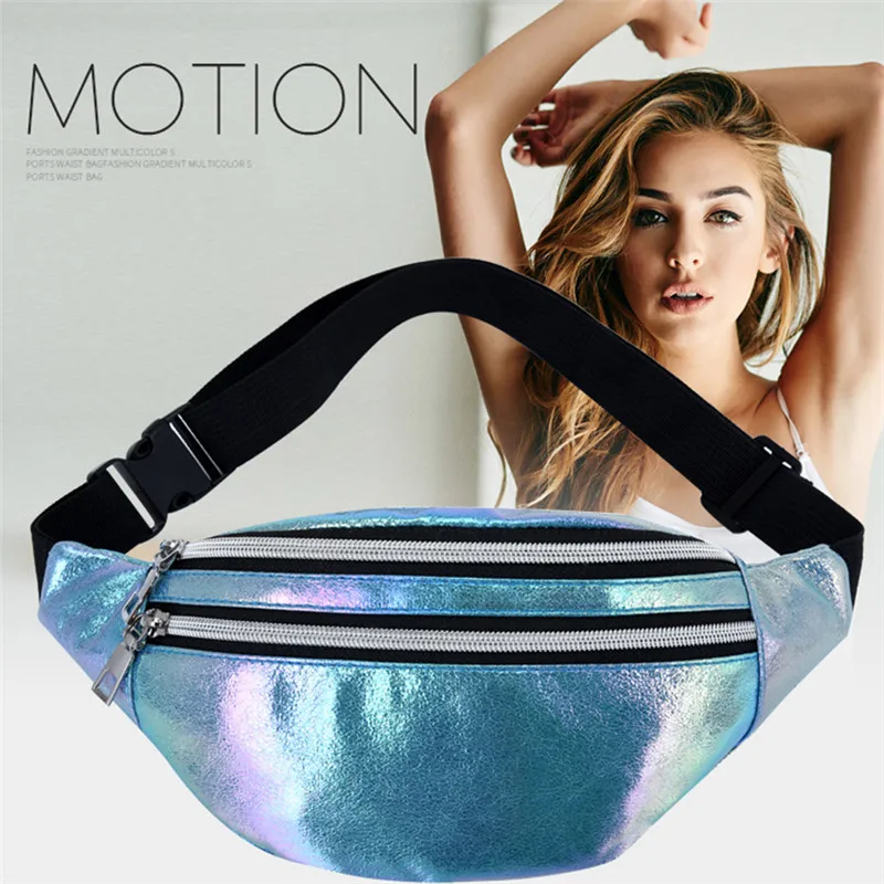 Fanny Packs Unisex Women Men Sliver Laser Waist Bags Geometric Chest Phone Pouch PU Beach Traverl Bum Zip Waistbags