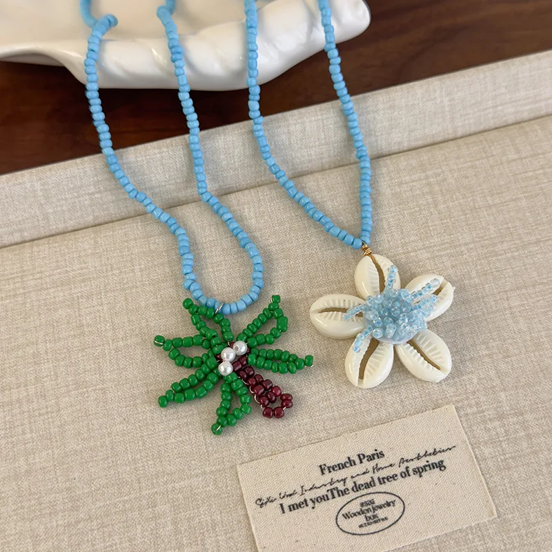

Minar 2025 Summer New Contrast Color Resin Glass Beads Strand Coconut Palm Shell Flower Pendant Necklaces for Women Chokers