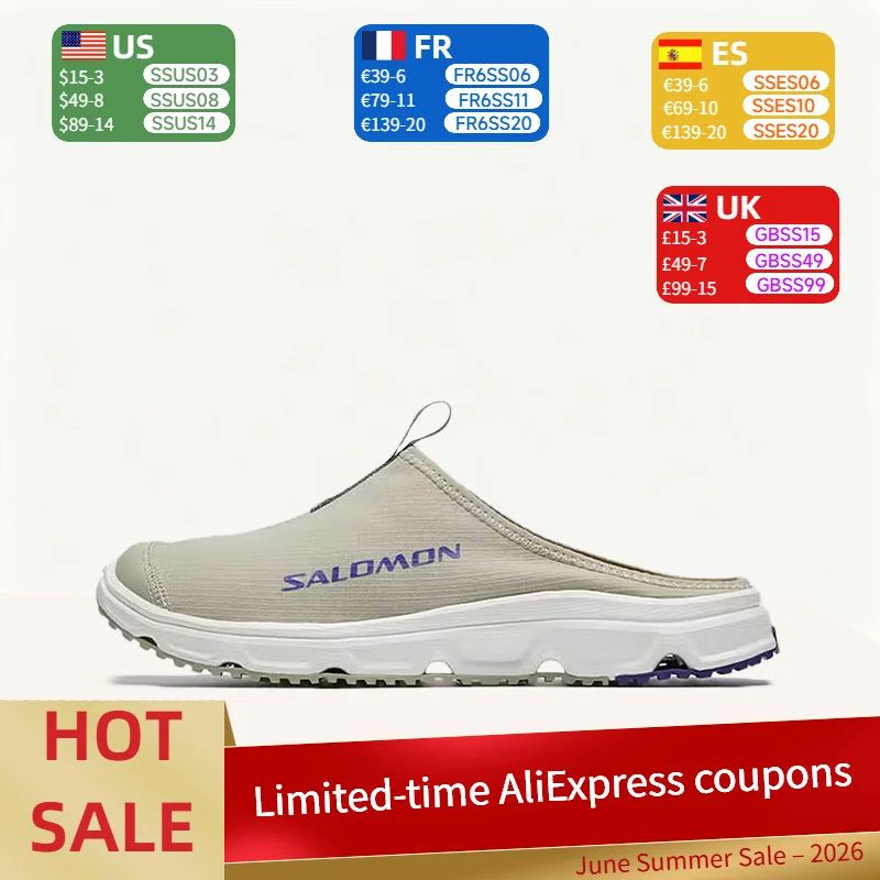 

Salomon Rx Slide 3.0 CANVAS: Simple, Stylish, and Soft Slip-On Sandals (Unisex) in Off-White in Gray and Vibrant Purple 475751