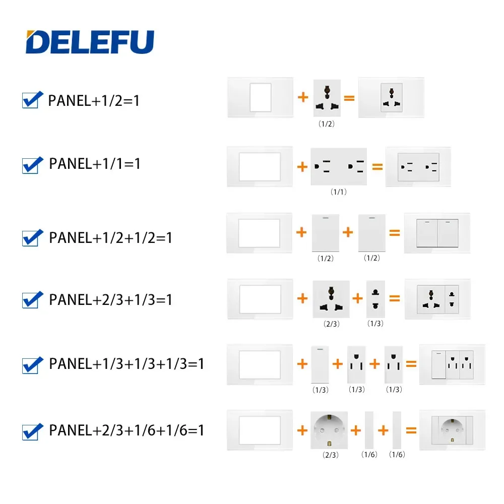 DELEFU Brazilian Italian US EU Standard Free Combination Function USB Type C Key DIY Switch Socket 118mm*72mm White