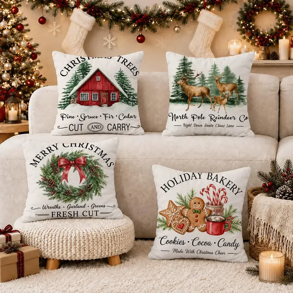 Juego de fundas para cojines decorativos con motivos navideños: pinos, abetos, cedros, árboles de Navidad, el Polo Norte, renos, panadería, cacao y caramelos. Medidas: 18 x 18 pulgadas.