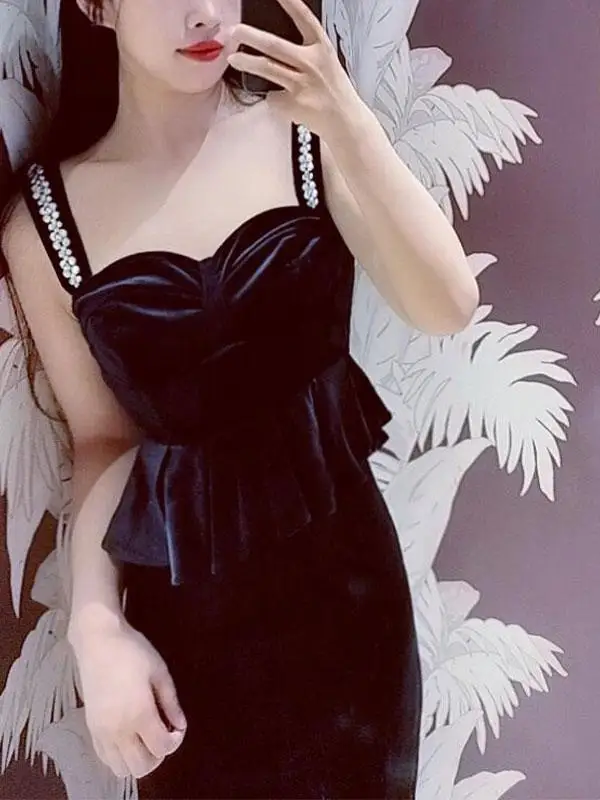 Japanese Elegant Commuter Handmade Beaded Ruffle Velvet Backless Sling Crop Top High Waist Split Long Skirt Two Piece Set Women