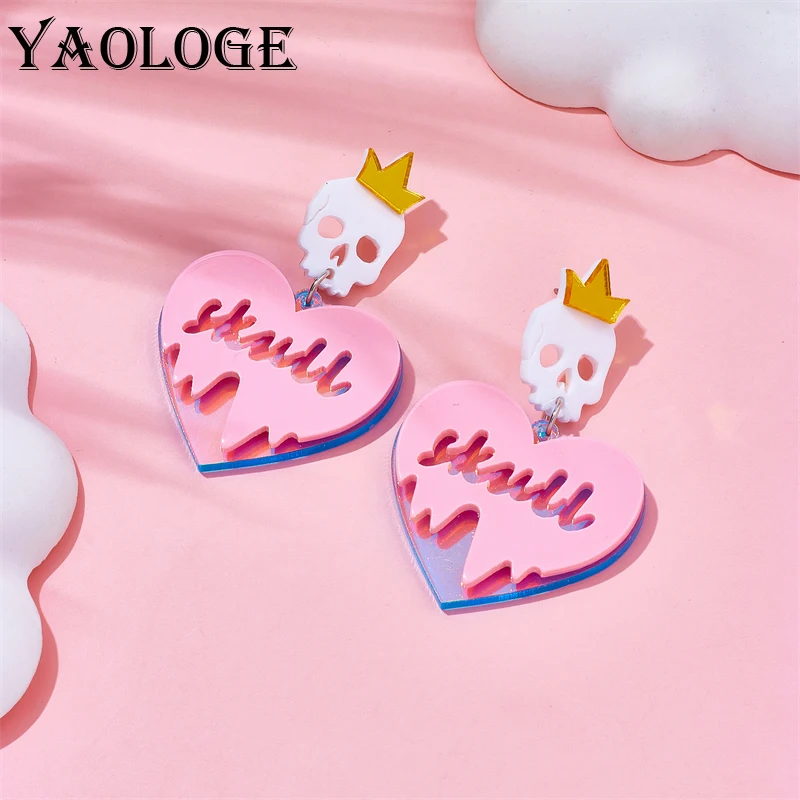 YAOLOGE Acrylic Heart-Shaped Crown Skull Laser Drop Earrings For Women Fashion Girls Halloween Wacky Ear Jewelry Holiday Gifts