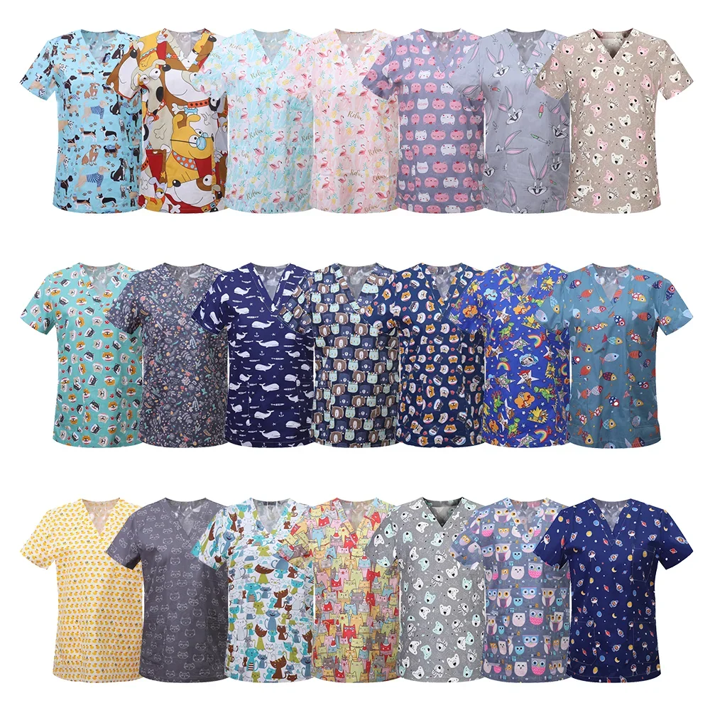 عيادة الحيوانات الأليفة مستشفى التمريض الدعك الحيوانات الكرتون طباعة القمم القطن النساء طب الأسنان الطبيب بلوزة الزي الجراحي قمصان رجل