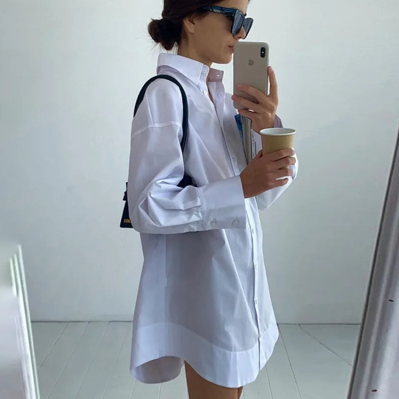 

Блузка оверсайз, свободное белое платье-рубашка для бойфренда, женские повседневные рубашки на пуговицах, офисные женские рубашки с длинным рукавом