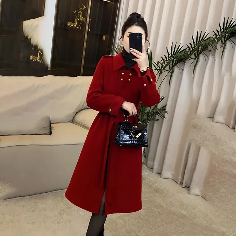 

Double-Breasted Casual Windbreakers Jacket Women Overcoat 2024 Autumn Winter New Slim Belt Mid-Length Chic Wool Trenchcoat Coat