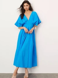 Women Elegant Solid Pleated Waist Up Maxi Dress 2024 Summer V-Neck Raglan Sleeve Backless Long Dresses Female Party Gowns