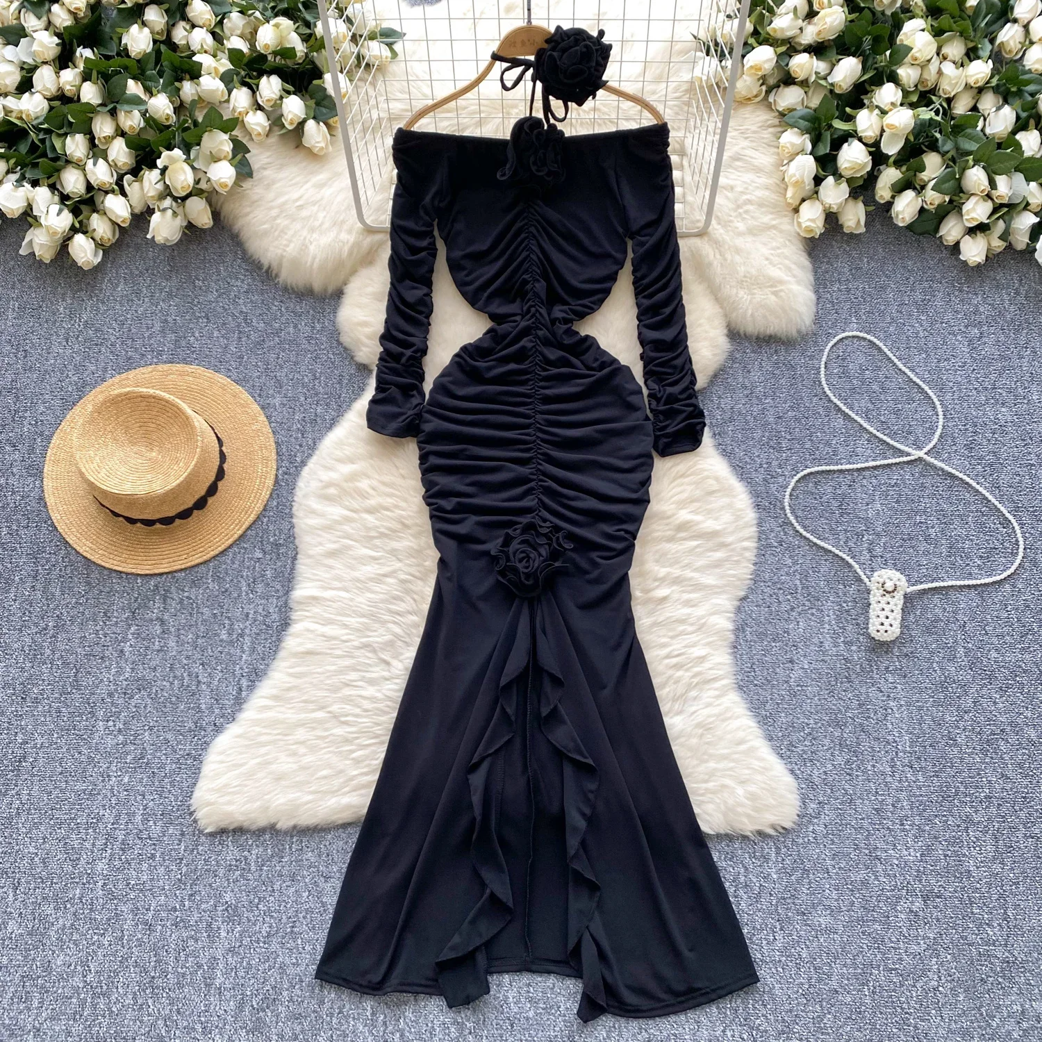 Sexy Halter folds Backless Bodycon Dress Sleeveless Off Shoulder Elegant Dress Women Summer mermaid Fashion Dresses