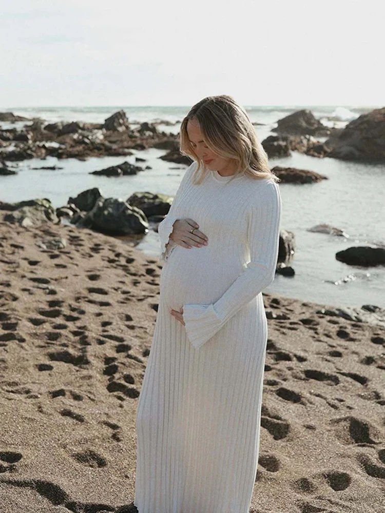 Maternity Photography Knit Gown White Long Sleeve Flare Sleeve Pregnancy Dress Beach Outdoor Studio Photoshoot Outfit